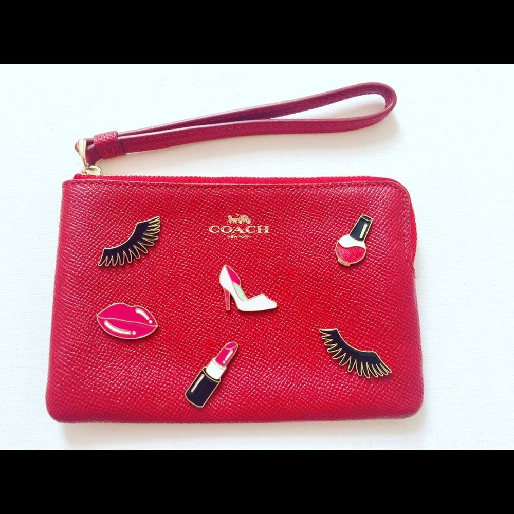 Coach Red Cavas leather wristlet wallet pouch